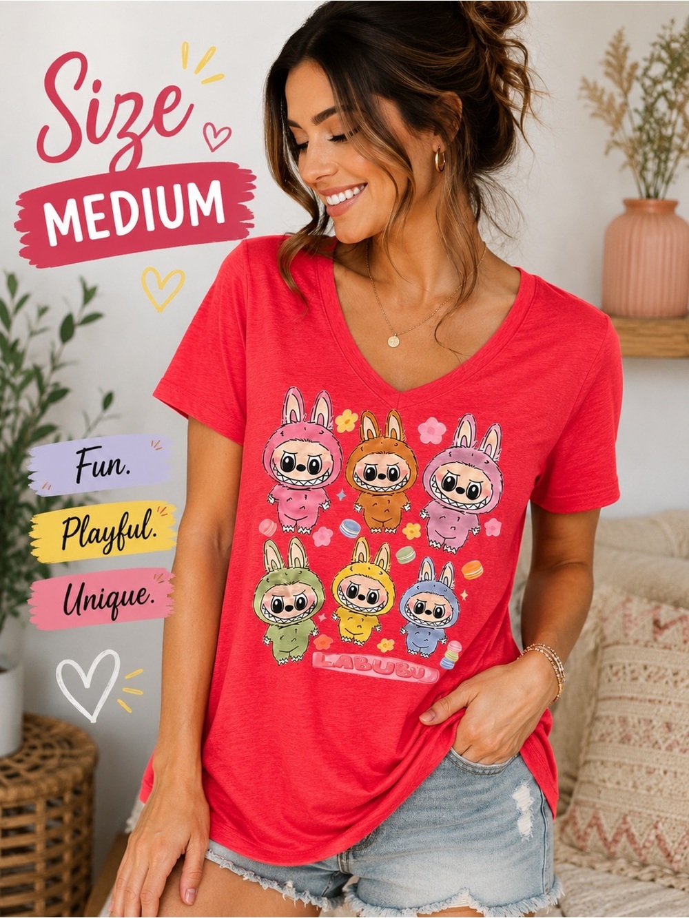 LOFT LABUBU Pink Red Bunny Graphic V-Neck Tee MEDIUM